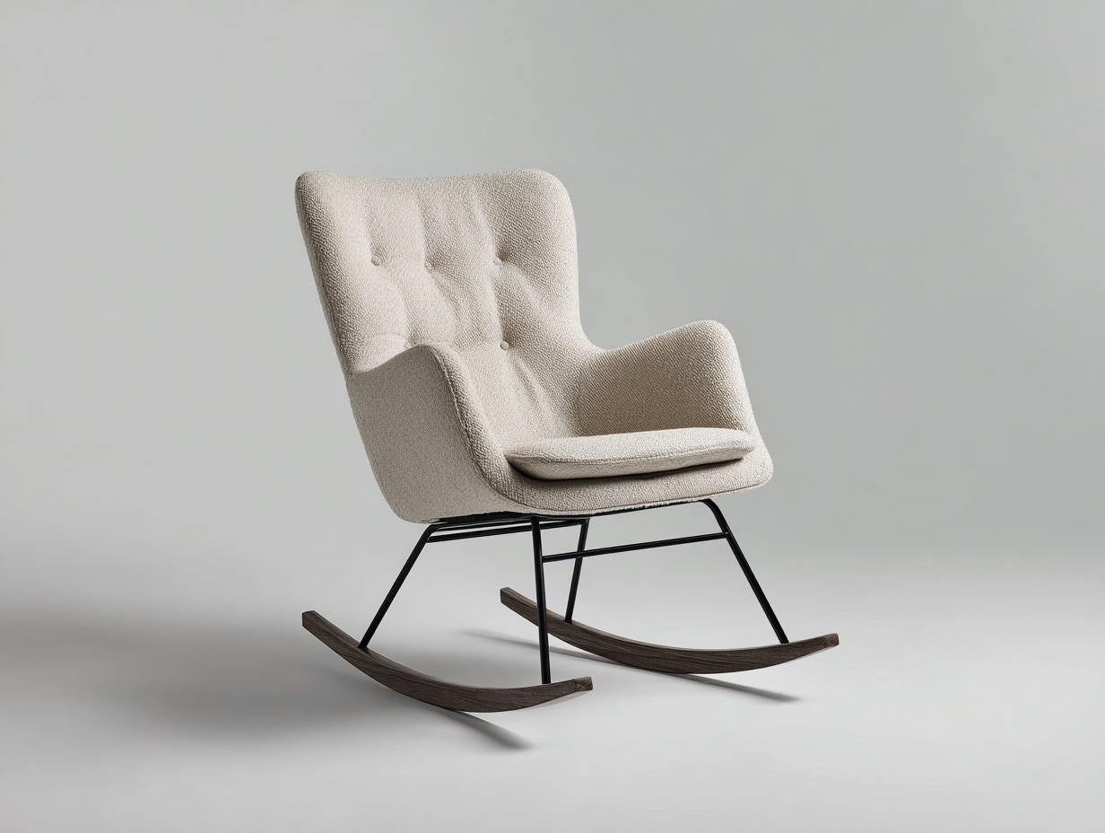 Mecedoras de tela bouclé 85 x 90 x 95 cm - Beige y madera oscura - Diseño moderno con base mecedora para salón