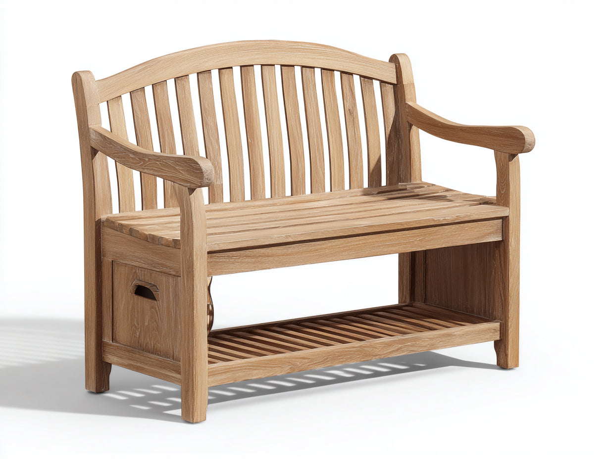 Banco de jardín madera 150x60x90 cm natural asiento exterior con estante diseño clásico