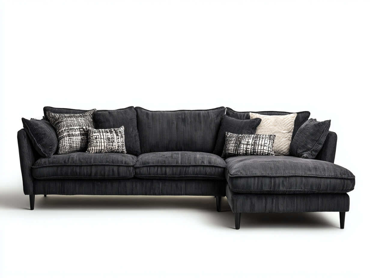 Sofás de esquina tapizado en tela 320x170x85 cm - Negro y blanco crema - Diseño moderno en forma de L