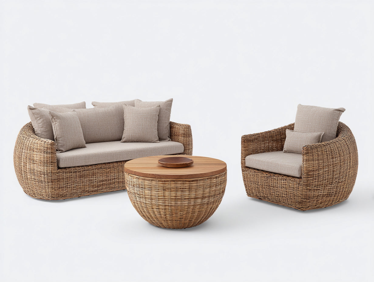 Sofás de exterior de ratán con mesa de centro 240x90x75 cm - Beige y marrón natural - Conjunto de jardín