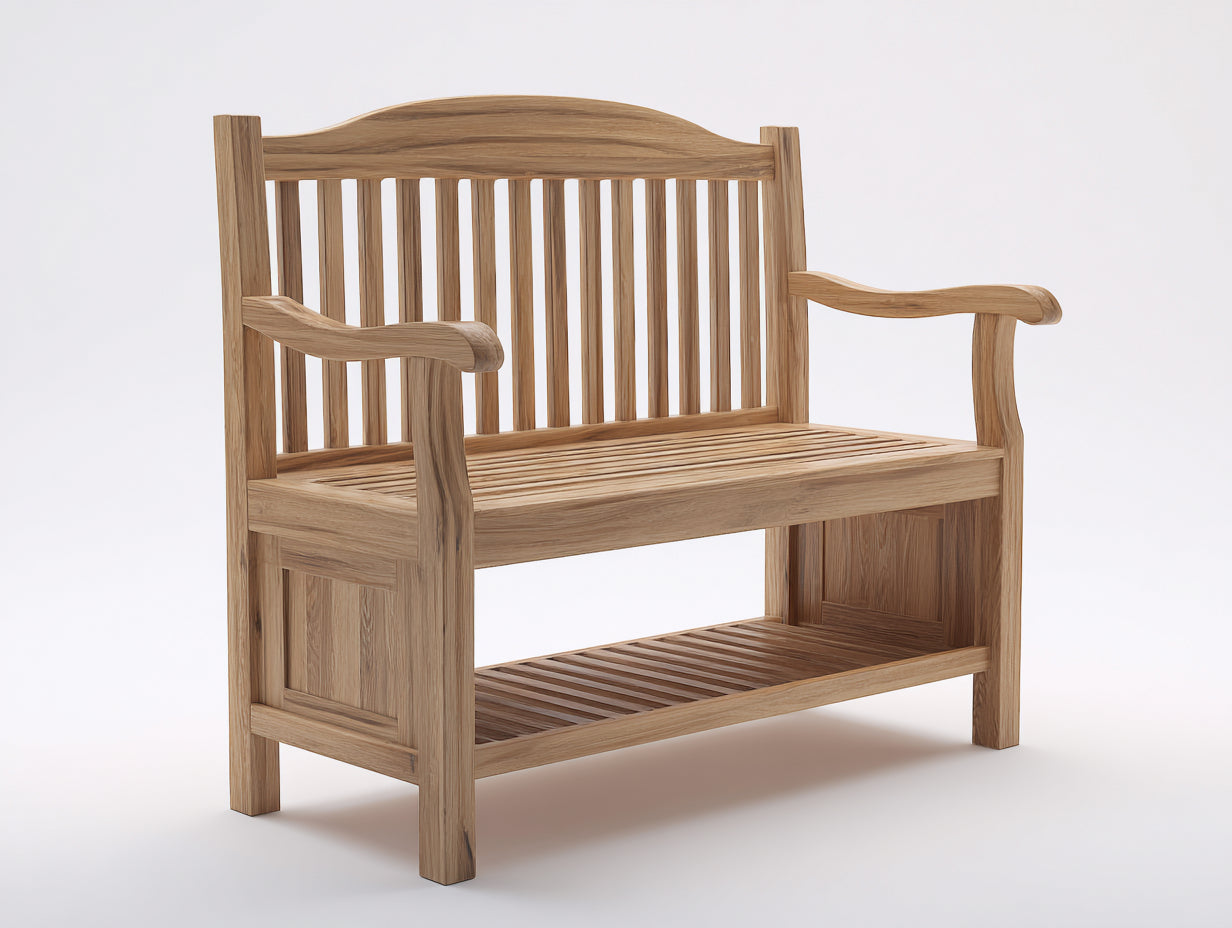 Bancos de jardín de madera 160 x 65 x 95 cm - Madera natural - Diseño clásico con reposabrazos y estante inferior