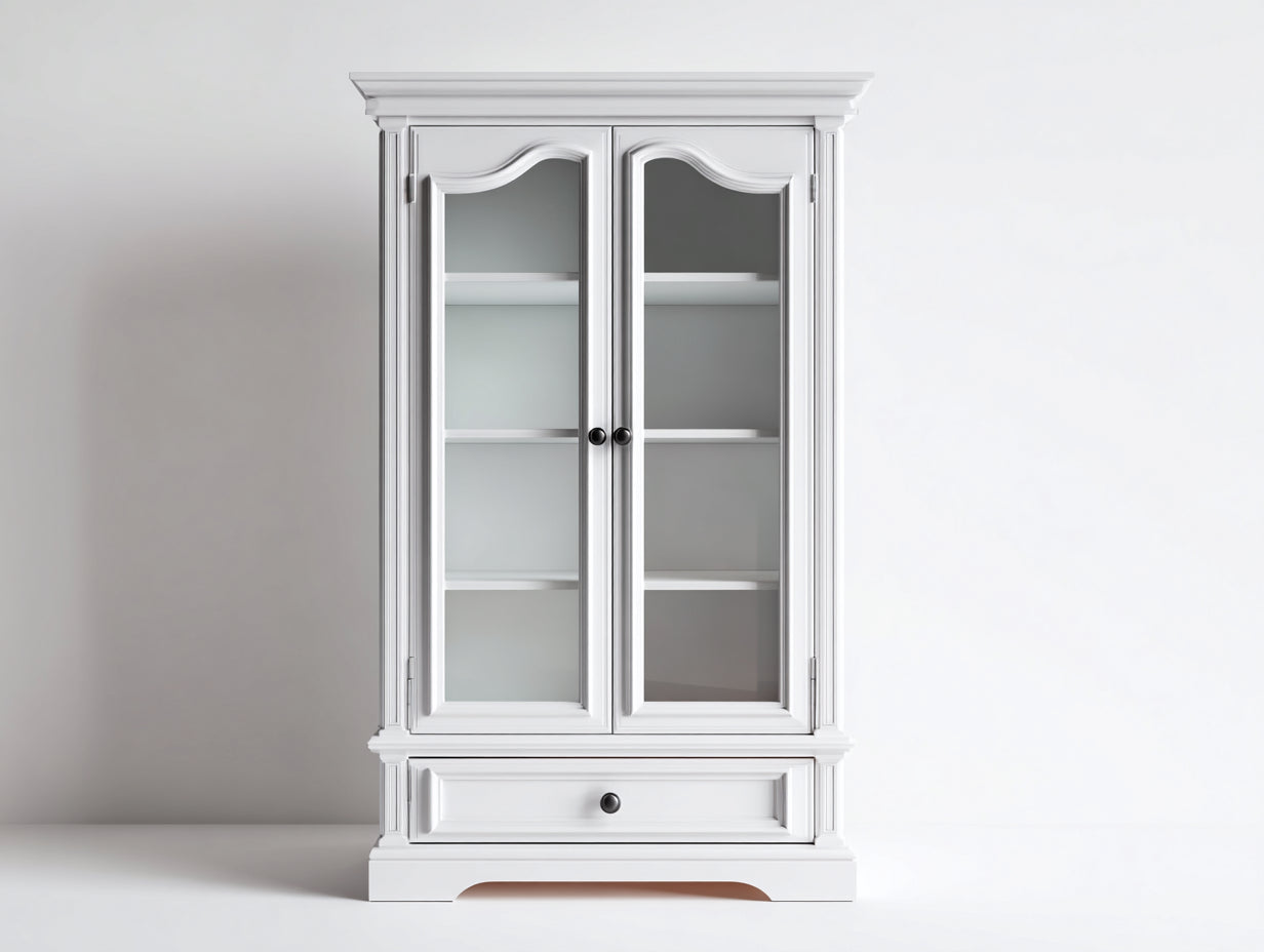 Vitrinas de madera con puertas de cristal 130x45x200 cm - Blanco - Estilo clásico con detalles decorativos