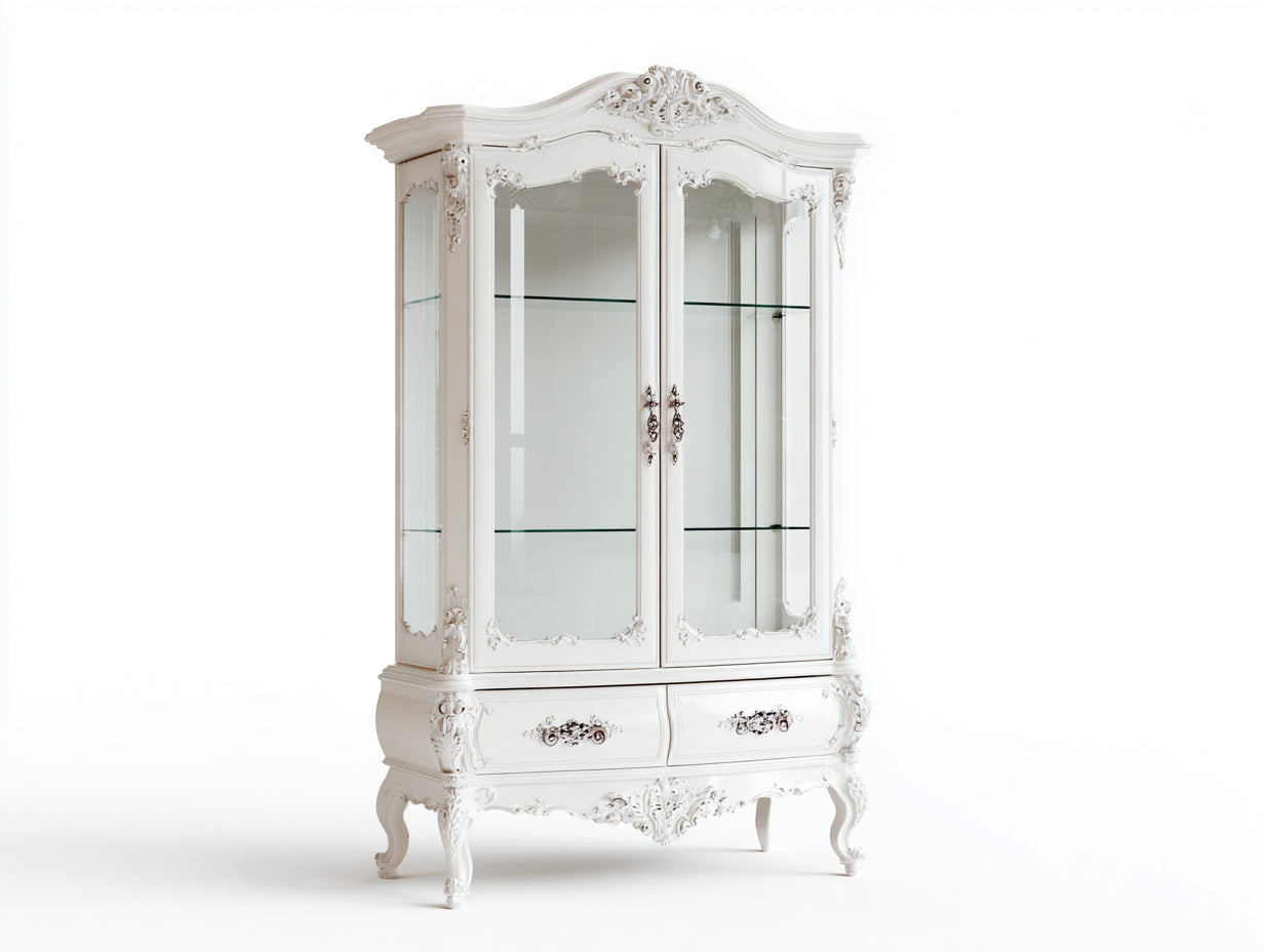 Vitrinas de madera con puertas de cristal 130x45x200 cm - Blanco - Estilo clásico con detalles decorativos