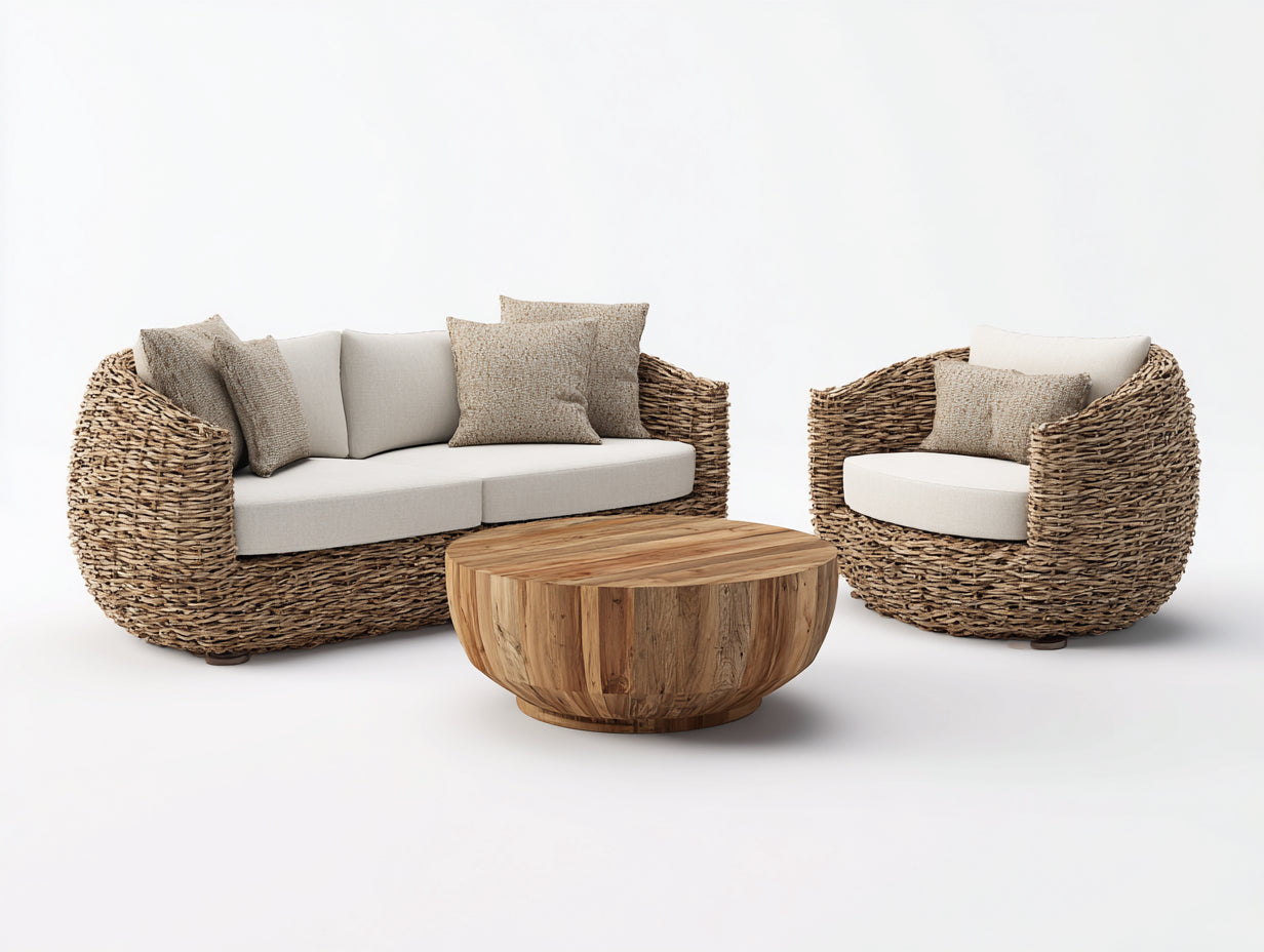 Sofás de exterior de ratán sintético 220 x 85 x 75 cm - Marrón natural y beige - Conjunto de jardín con sofá y mesa de centro de madera