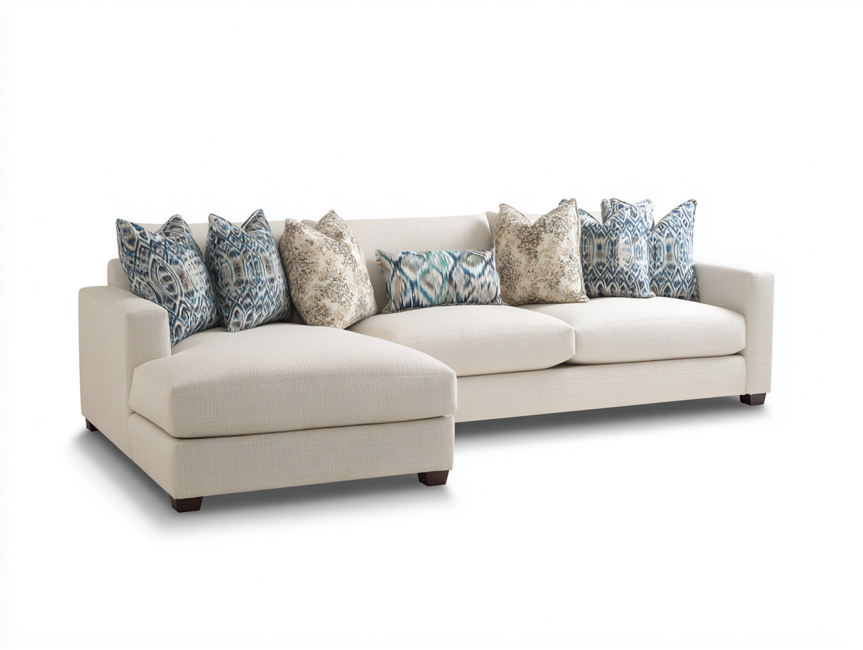 Sofás de esquina tapizado en tela 300x170x85 cm - Beige y azul - Diseño moderno en forma de L